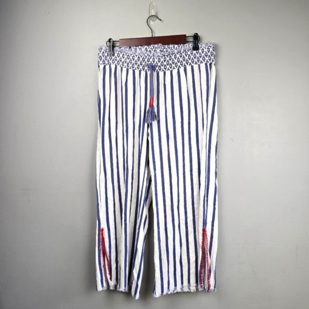 Indigo Rein White and Blue Striped Cropped Pants with Red Tassel Accents